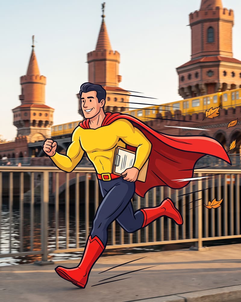 Comicfigur Zulassungsheld sprintet mit einer Dokumentenmappe über die Oberbaumbrücke, dahinter fährt die U-Bahn