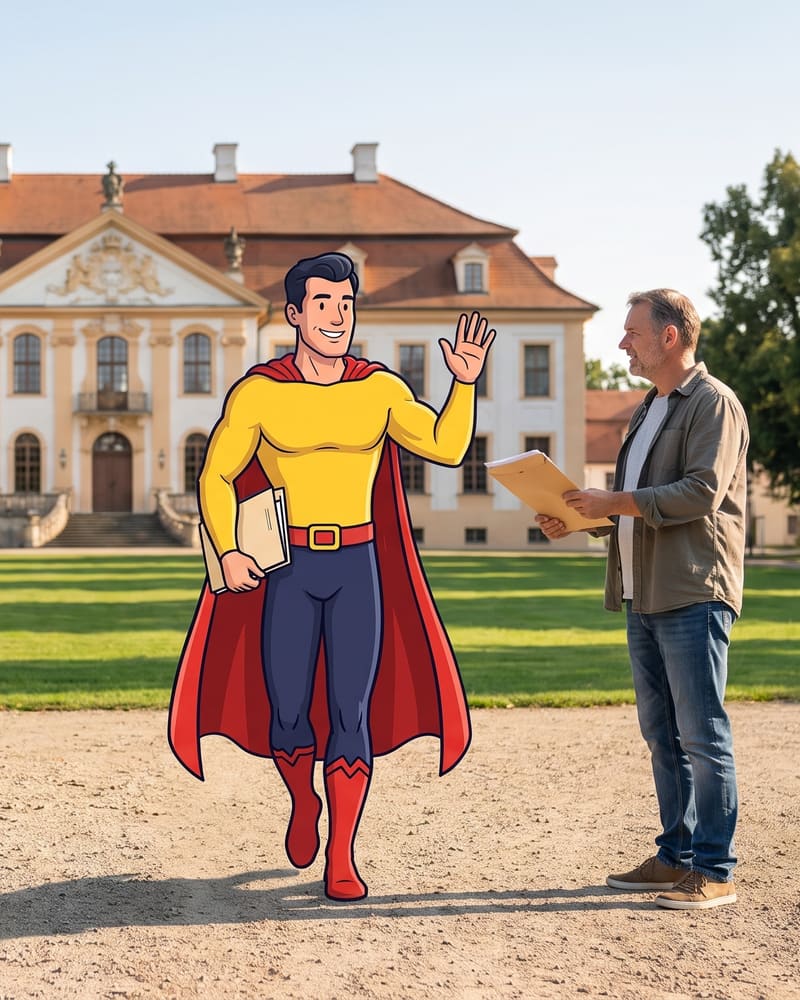 Comicfigur Zulassungsheld holt vor einer barocken Schlossfassade Zulassungsunterlagen ab