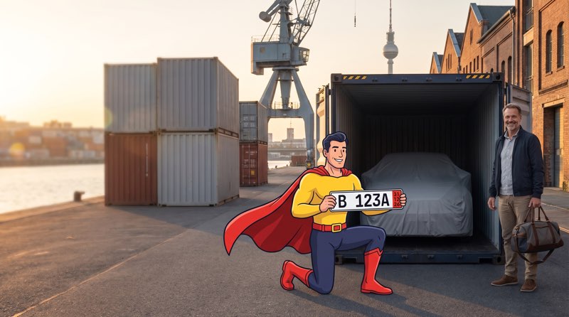 Comicfigur Zulassungsheld zeigt an einem Hafen ein Ausfuhrkennzeichen mit rotem Feld, im Container ein abgedecktes Auto