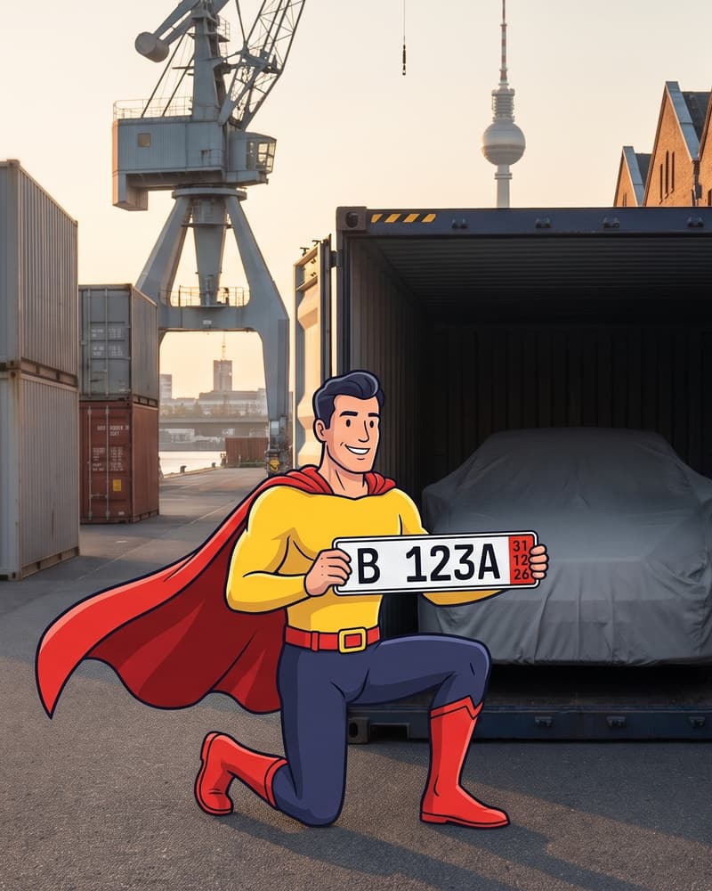 Comicfigur Zulassungsheld zeigt an einem Hafen ein Ausfuhrkennzeichen mit rotem Feld, im Container ein abgedecktes Auto