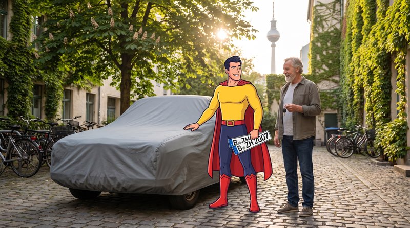 Comicfigur Zulassungsheld hält in einem Berliner Hinterhof zwei Kennzeichen vor einem abgedeckten Auto, daneben der Halter
