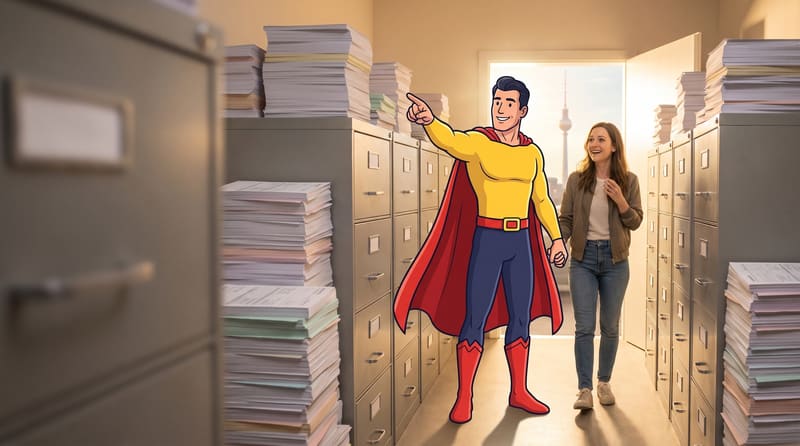 Comicfigur Zulassungsheld führt eine erleichterte Frau durch Aktenschränke zum Ausgang, draußen steht der Fernsehturm