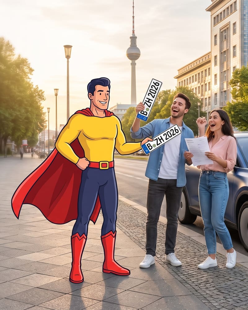 Cartoon character Zulassungsheld hands new plates and papers to a happy couple on a Berlin street, TV tower behind