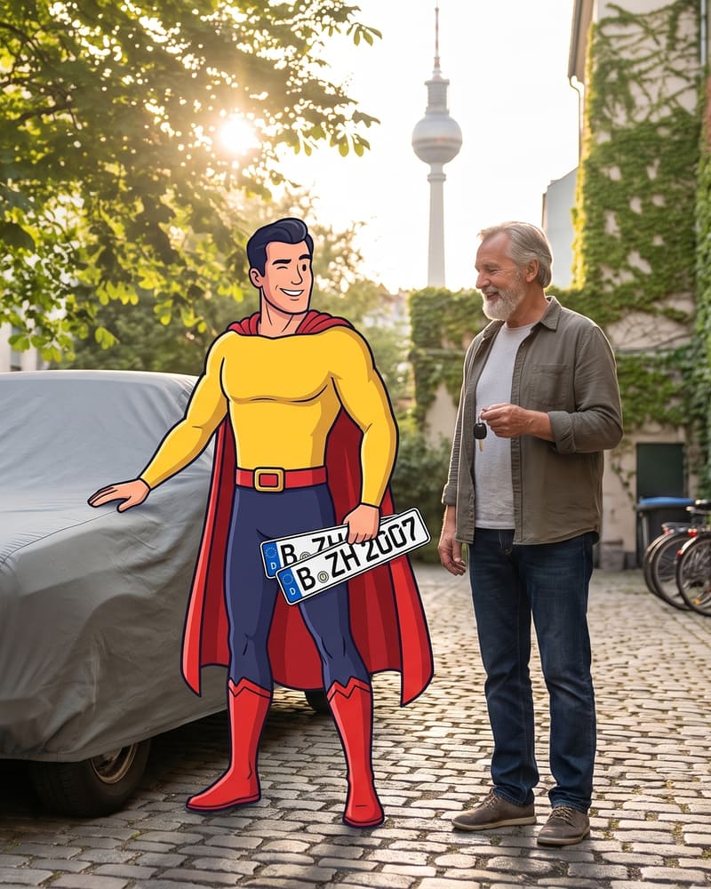 Cartoon character Zulassungsheld holds the two plates of a covered car in a Berlin courtyard, the owner beside him