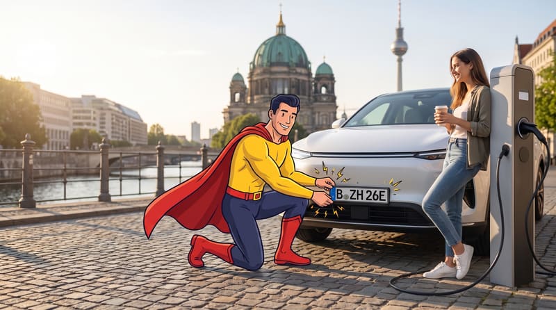 Comicfigur Zulassungsheld bringt am Spreeufer ein E-Kennzeichen an einem Elektroauto an, das an einer Ladesäule lädt