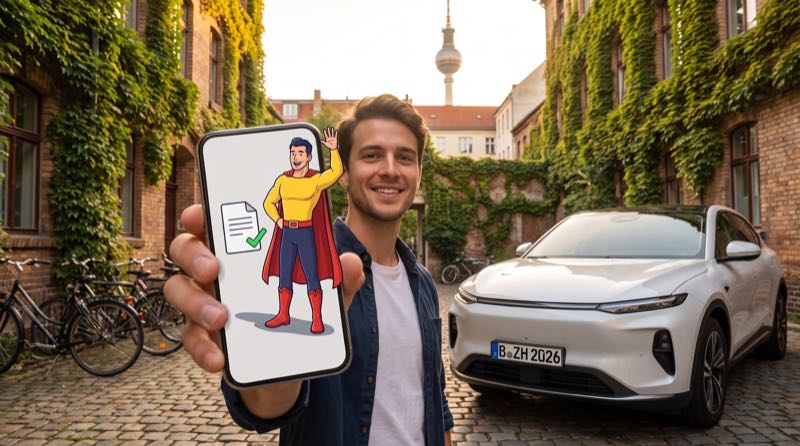 Kunde im Berliner Hinterhof zeigt auf dem Handy den Nachweis mit der Comicfigur Zulassungsheld, daneben sein Auto