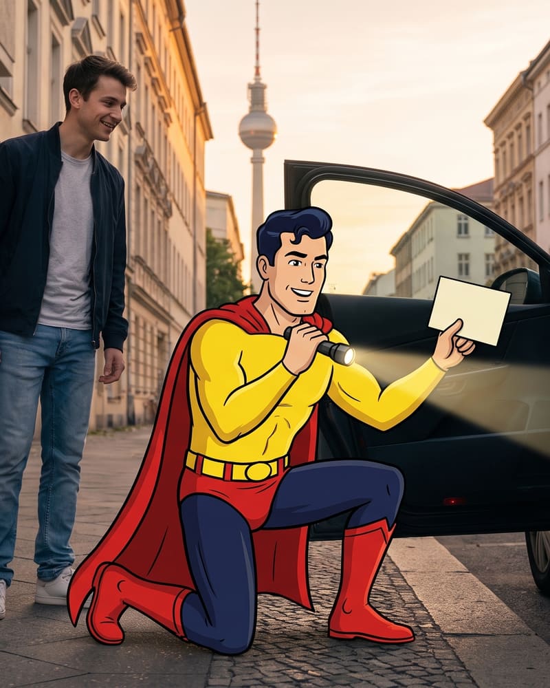 Comicfigur Zulassungsheld kniet mit Taschenlampe an der offenen Autotür und hält den Fahrzeugschein hoch, daneben der Halter