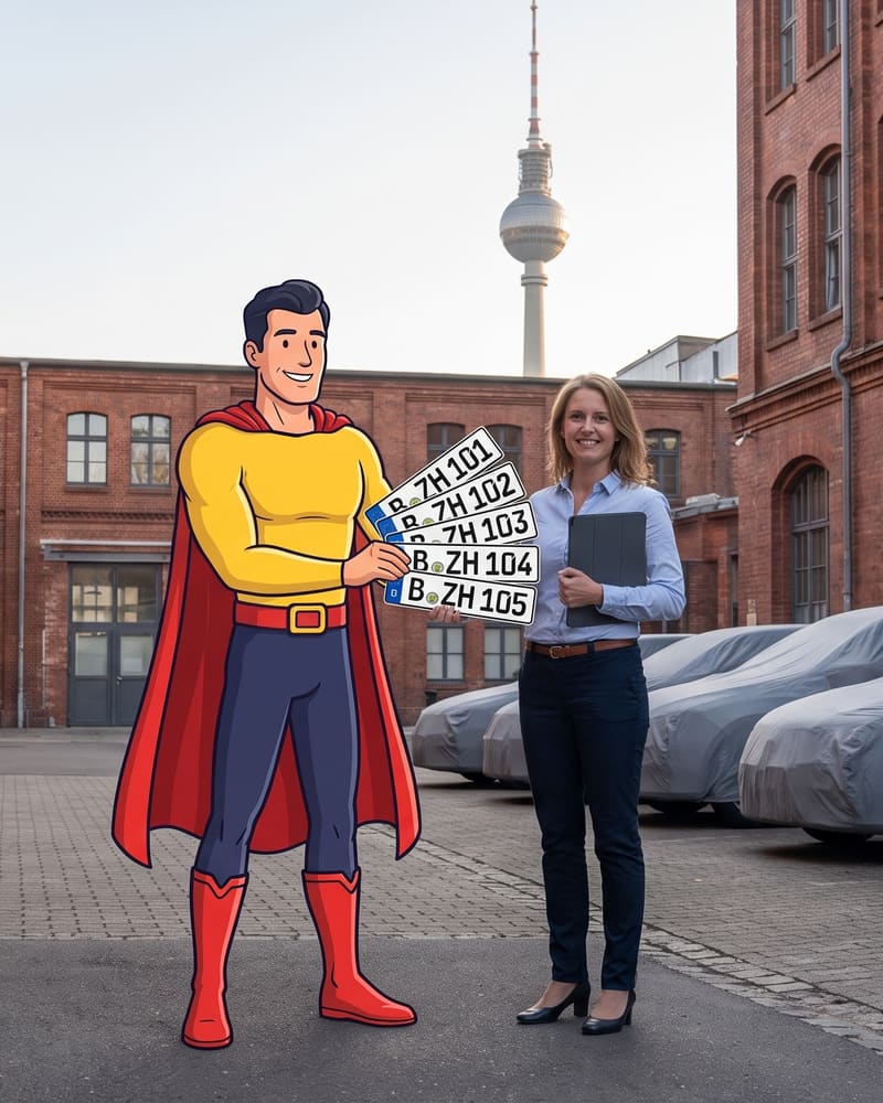Comicfigur Zulassungsheld übergibt der Fuhrparkleiterin einer Firma fünf neue Kennzeichen in einem Berliner Gewerbehof