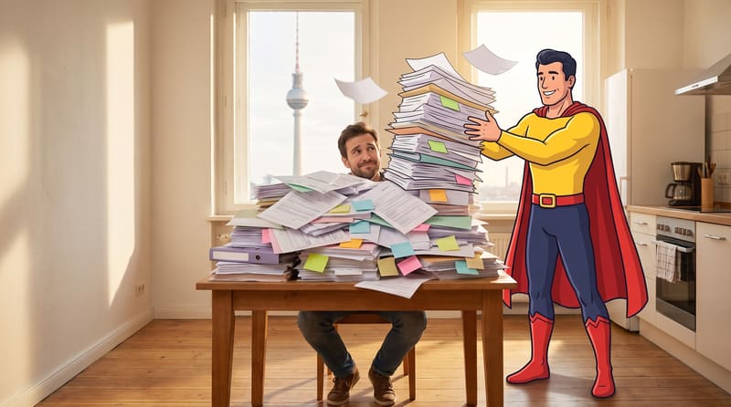 Überforderter Mann zwischen Formularstapeln, die Comicfigur Zulassungsheld nimmt ihm die Papiere ab