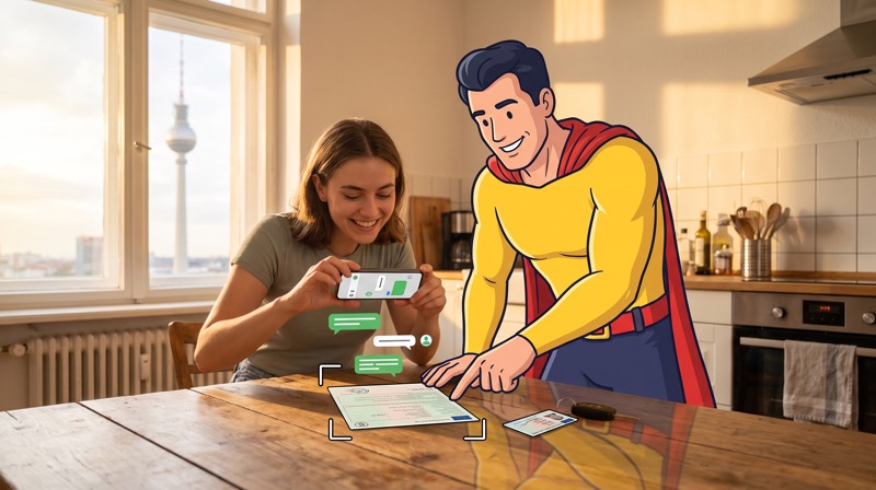 Comicfigur Zulassungsheld zeigt einer Frau am Küchentisch, wie sie ihren Fahrzeugschein mit dem Handy fotografiert