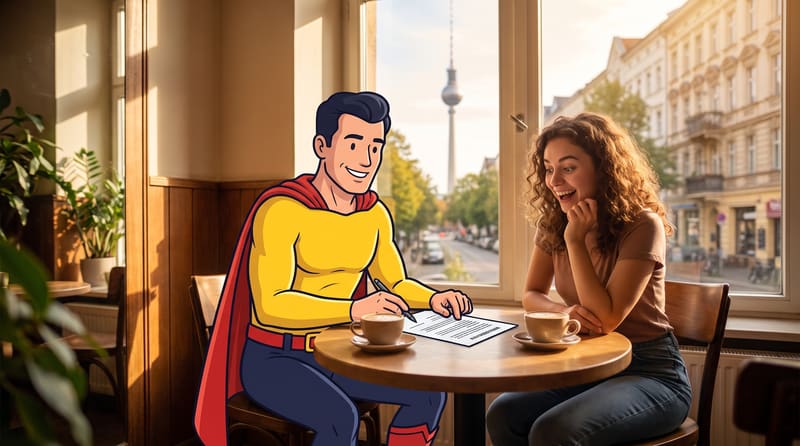 Comicfigur Zulassungsheld erklärt einer Kundin in einem Berliner Café ein Schriftstück, im Fenster der Fernsehturm