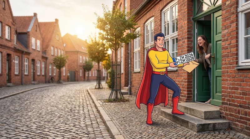 Comicfigur Zulassungsheld übergibt in einer Backsteingasse einer lachenden Frau neue Potsdamer Kennzeichen