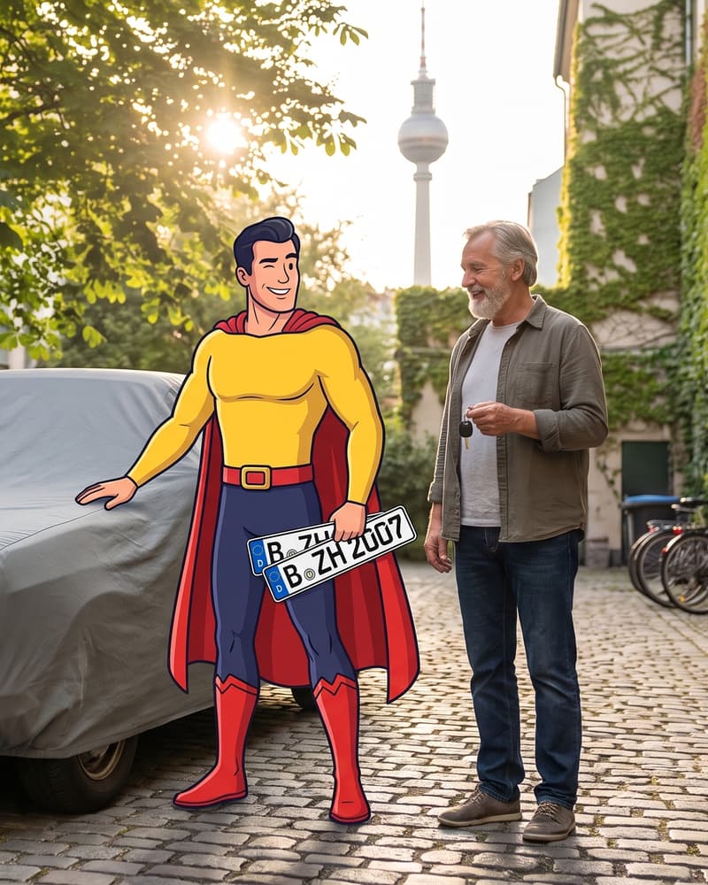 Comicfigur Zulassungsheld hält zur Abmeldung zwei Kennzeichen vor einem abgedeckten Auto, daneben der Halter mit Schlüssel