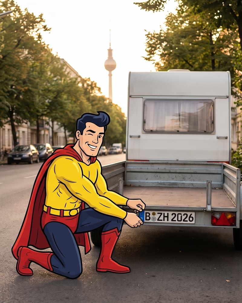 Comicfigur Zulassungsheld bringt am Straßenrand das neue Kennzeichen an einem Anhänger an