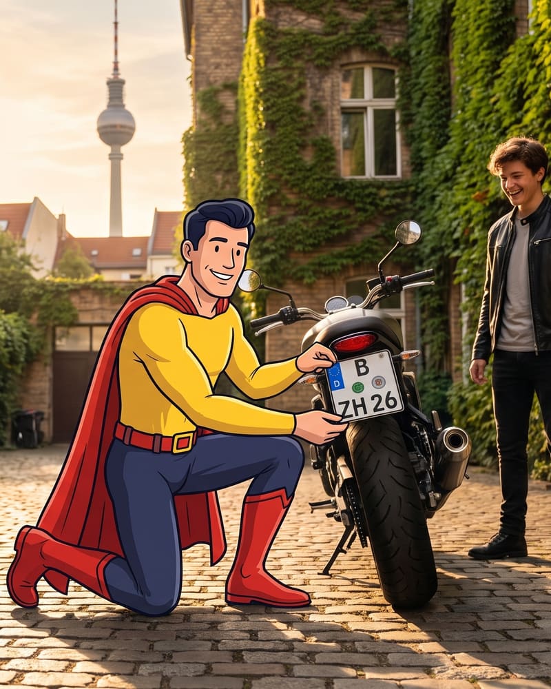 Comicfigur Zulassungsheld bringt in einer Hofeinfahrt das Kennzeichen an einem Motorrad an, der Besitzer schaut zu