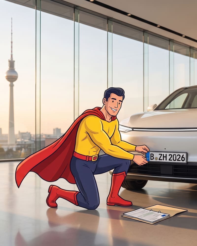 Comicfigur Zulassungsheld bringt in einem Berliner Autohaus das Kennzeichen an einem neu angemeldeten Auto an