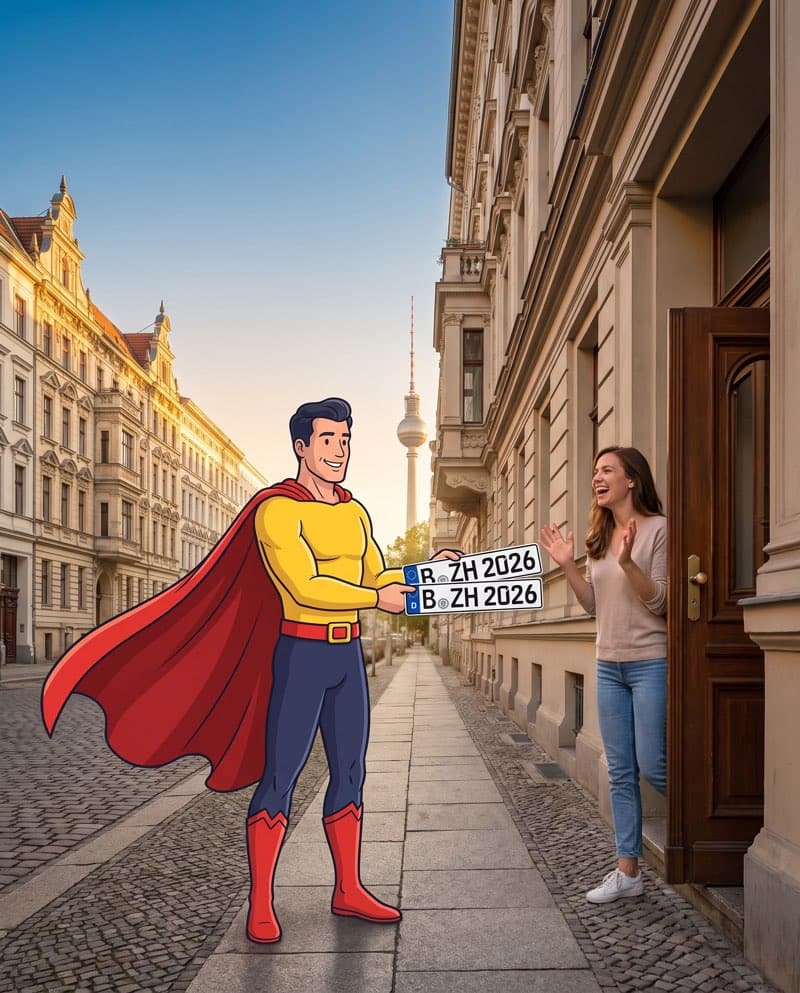 Comic-Zulassungsheld überreicht vor einem Berliner Altbau zwei neue Kennzeichen, die Kundin jubelt an der Haustür