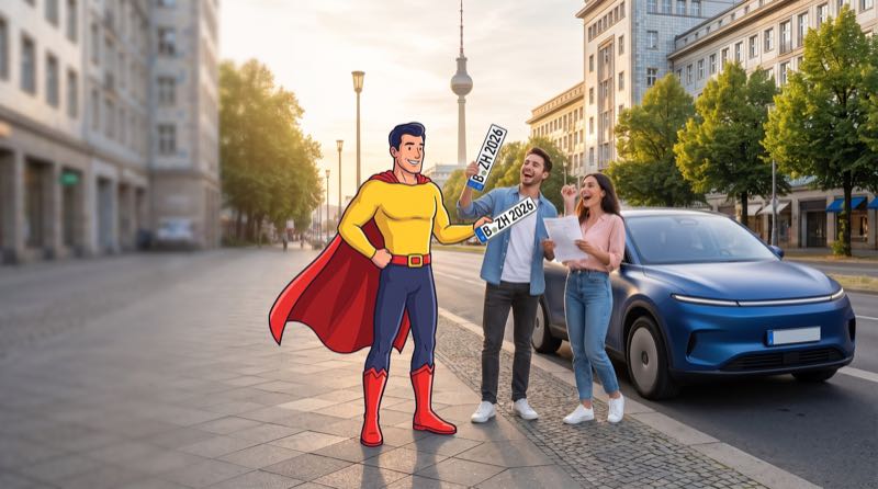 Comicfigur Zulassungsheld übergibt einem Paar auf der Karl-Marx-Allee neue Kennzeichen und die Zulassung