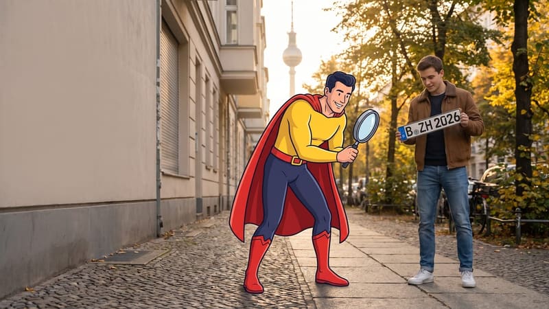 Comicfigur Zulassungsheld sucht mit der Lupe in einer Altbaustraße, ein junger Mann hält sein verbliebenes Kennzeichen
