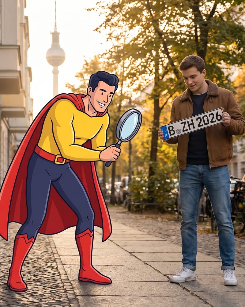 Comicfigur Zulassungsheld sucht mit einer Lupe auf einem Berliner Gehweg, ein junger Mann hält sein letztes Kennzeichen
