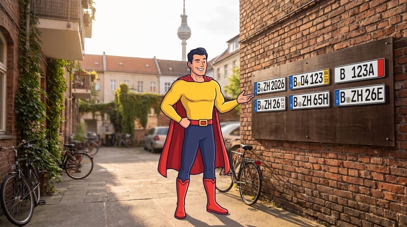 Comicfigur Zulassungsheld zeigt im Hinterhof auf sechs Kennzeichen an einer Wand, darunter Kurzzeit- und Ausfuhrkennzeichen