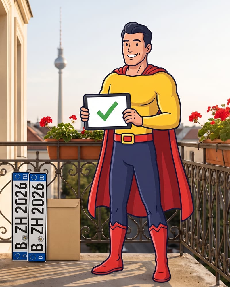 Comicfigur Zulassungsheld zeigt auf einem Berliner Balkon ein Tablet mit grünem Haken, daneben die neuen Kennzeichen