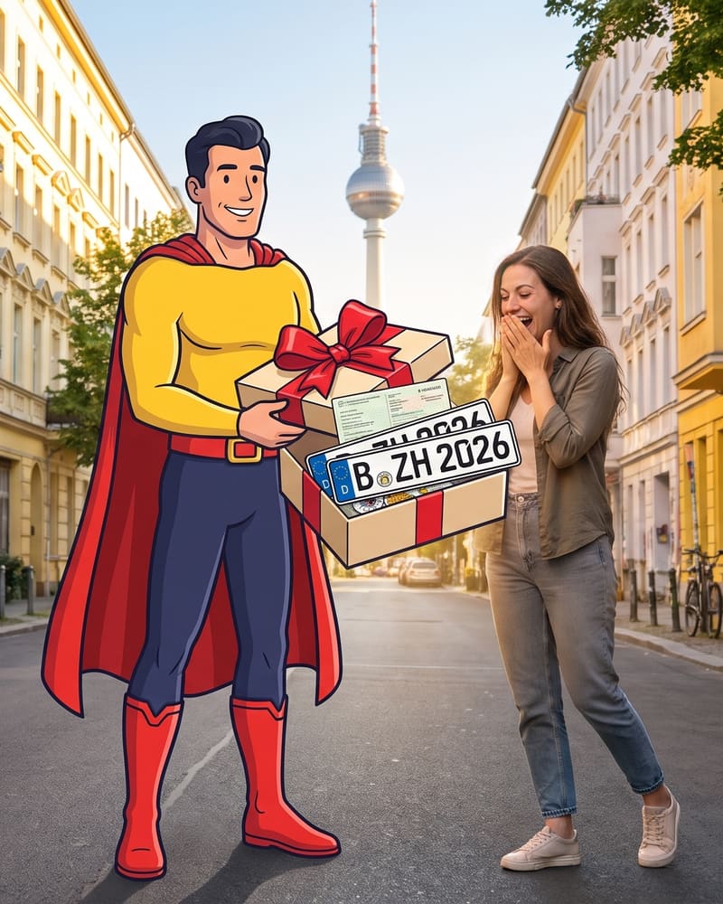 Comicfigur Zulassungsheld überreicht einer Kundin ein Paket mit Kennzeichen und Zulassungspapieren