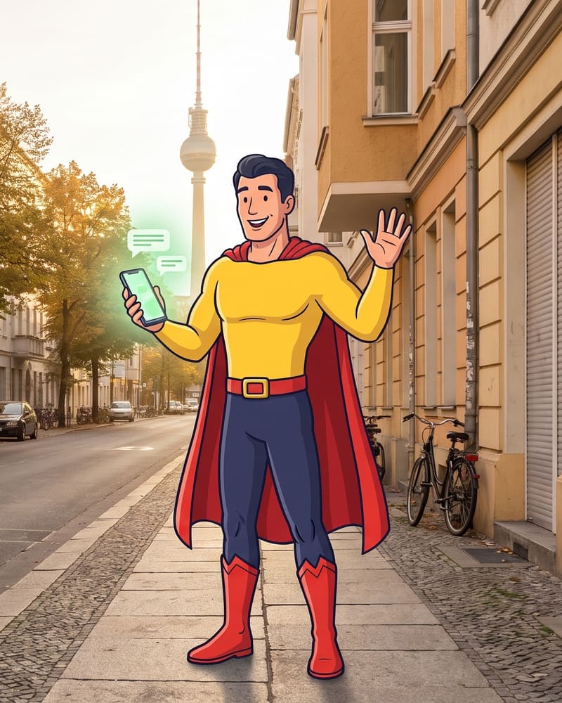 Comicfigur Zulassungsheld winkt mit dem Smartphone in einer ruhigen Berliner Altbaustraße, hinten der Fernsehturm