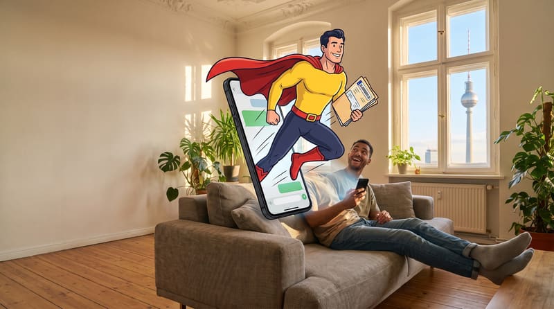 Mann schreibt am Handy eine Nachricht, die Comicfigur Zulassungsheld springt aus dem Display