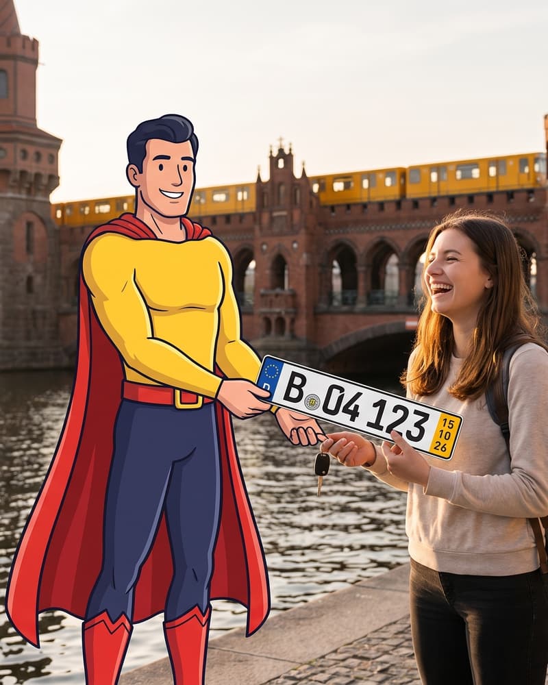 Comicfigur Zulassungsheld überreicht an der Oberbaumbrücke einer jungen Frau ein Kurzzeitkennzeichen mit gelbem Feld
