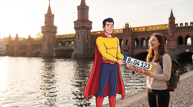 Comicfigur Zulassungsheld überreicht an der Oberbaumbrücke einer jungen Frau ein Kurzzeitkennzeichen mit gelbem Feld