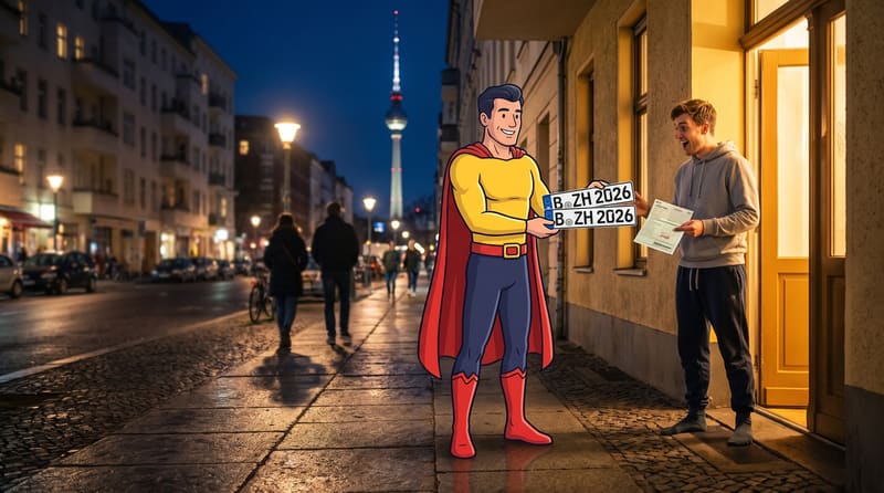 Abends übergibt die Comicfigur Zulassungsheld einem Kunden an der Haustür Papiere und Kennzeichen