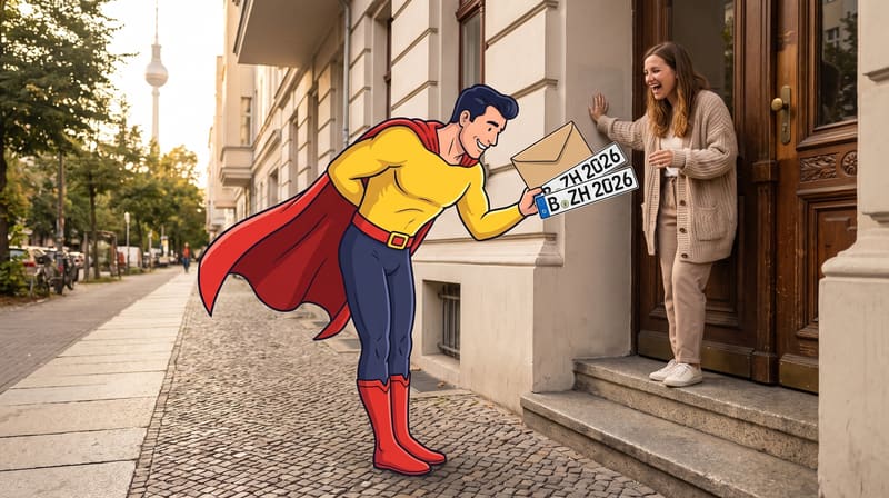 Comicfigur Zulassungsheld übergibt einer lachenden Frau an der Tür eines Berliner Altbaus Kennzeichen und einen Umschlag