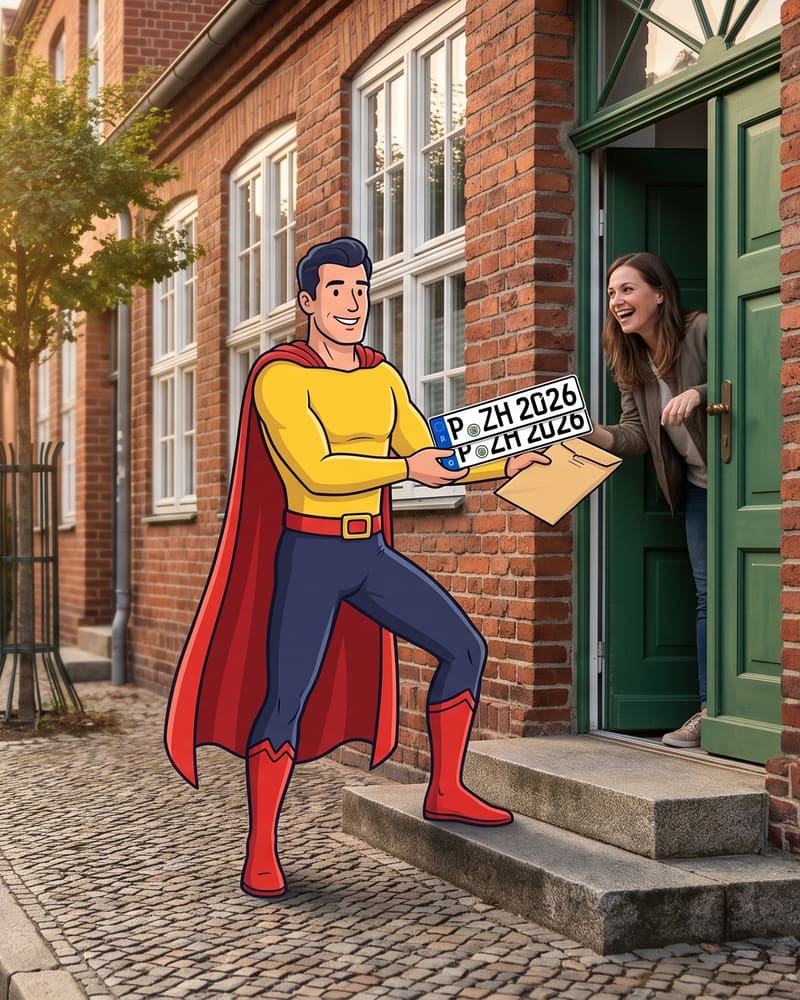 Comicfigur Zulassungsheld übergibt an einer Haustür im Backsteinviertel neue Potsdamer Kennzeichen