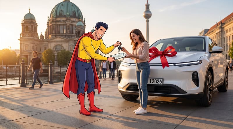 Kundin erhält an der Spree Schlüssel und Papiere ihres neuen Autos von der Comicfigur Zulassungsheld