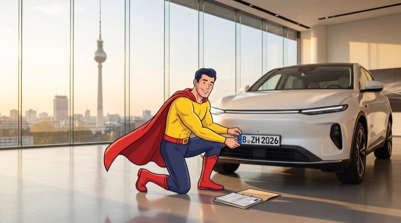 Comicfigur Zulassungsheld bringt in einem Autohaus mit Fernsehturm-Blick das Kennzeichen an einem Neuwagen an