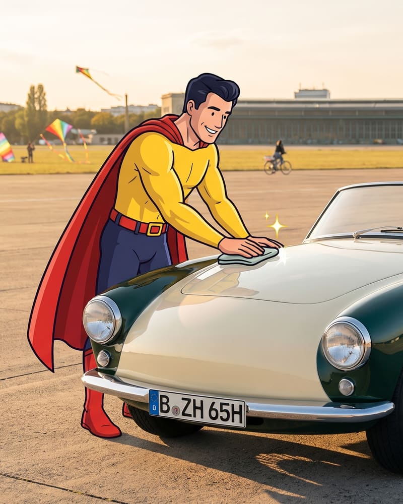 Comicfigur Zulassungsheld poliert einen Oldtimer mit H-Kennzeichen auf dem Tempelhofer Feld