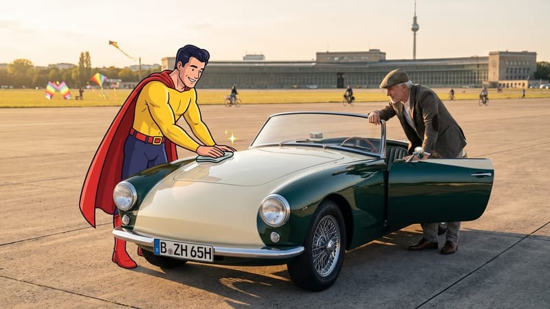 Comicfigur Zulassungsheld poliert auf dem Tempelhofer Feld einen Oldtimer mit H-Kennzeichen, ein älterer Herr öffnet die Tür