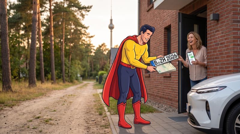 Comicfigur Zulassungsheld liefert abends Kennzeichen und Zulassung an eine Haustür im Berliner Umland