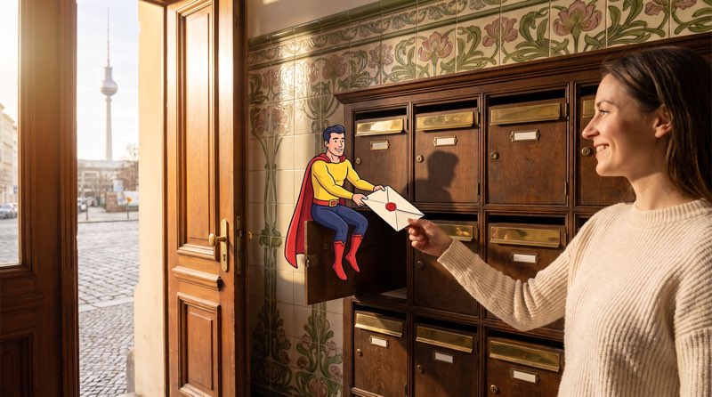 Comicfigur Zulassungsheld sitzt auf einer Briefkastentür im Hausflur und reicht einer Frau einen Umschlag mit Siegel