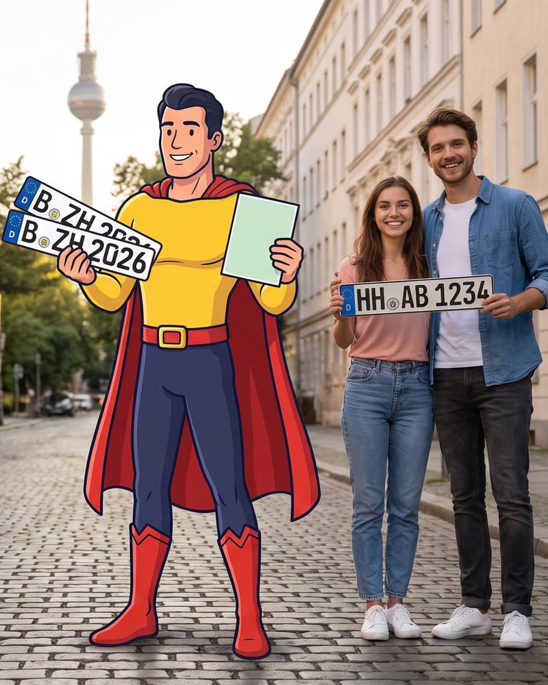 Cartoon character Zulassungsheld with two new Berlin plates to re-register a couple's car; they hold their old Hamburg plate