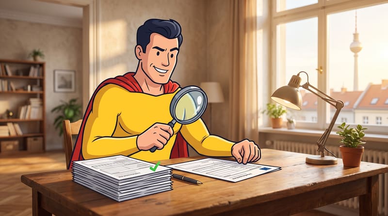 Cartoon character Zulassungsheld checking application forms with a magnifying glass