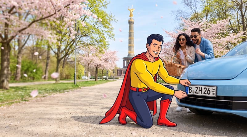 Comicfigur Zulassungsheld montiert ein Saisonkennzeichen an einem Cabrio