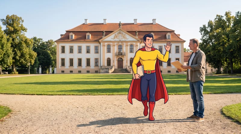 Comicfigur Zulassungsheld winkt mit einer Mappe vor einem barocken Schloss im Umland, daneben wartet ein Mann mit Unterlagen