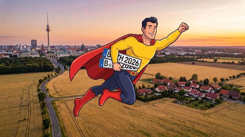 Comicfigur Zulassungsheld fliegt in der Abendsonne über den Berliner Stadtrand