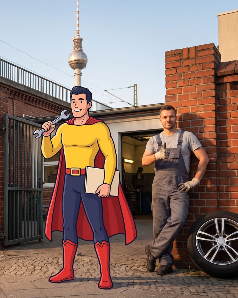 Comicfigur Zulassungsheld mit Werkzeug und Mappe zur technischen Änderung an einer Berliner Werkstatt, daneben ein Mechaniker