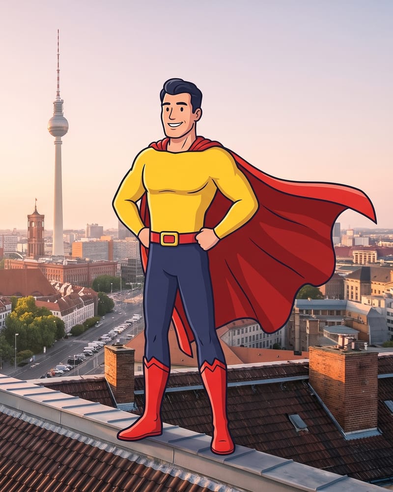 Comicfigur Zulassungsheld steht auf einem Berliner Dach, im Hintergrund Fernsehturm und Spree