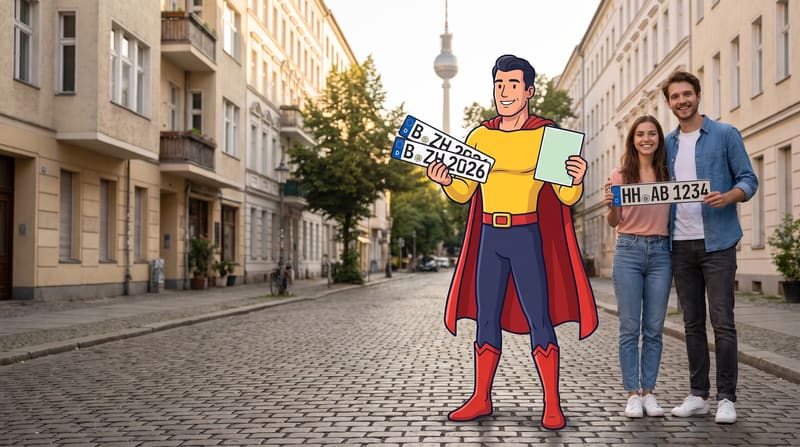 Comicfigur Zulassungsheld zeigt zwei neue Berliner Kennzeichen, daneben hält ein Paar sein altes Hamburger Kennzeichen