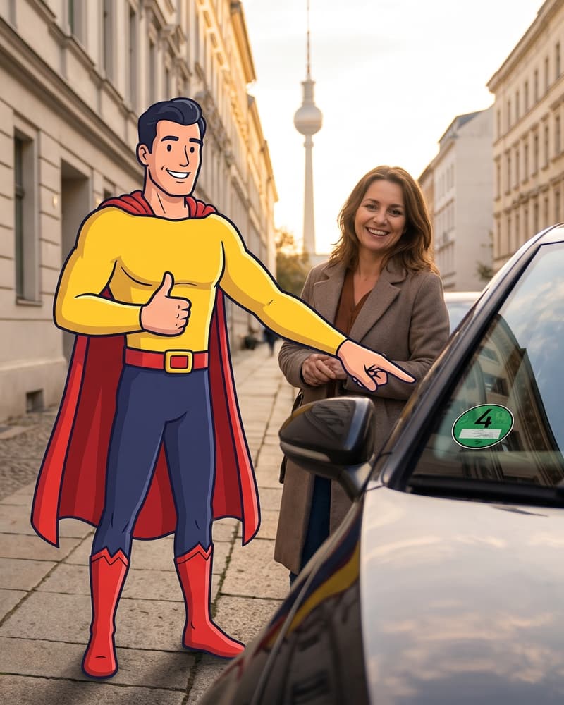Comicfigur Zulassungsheld zeigt auf eine grüne Umweltplakette hinter der Frontscheibe, daneben lächelt die Halterin
