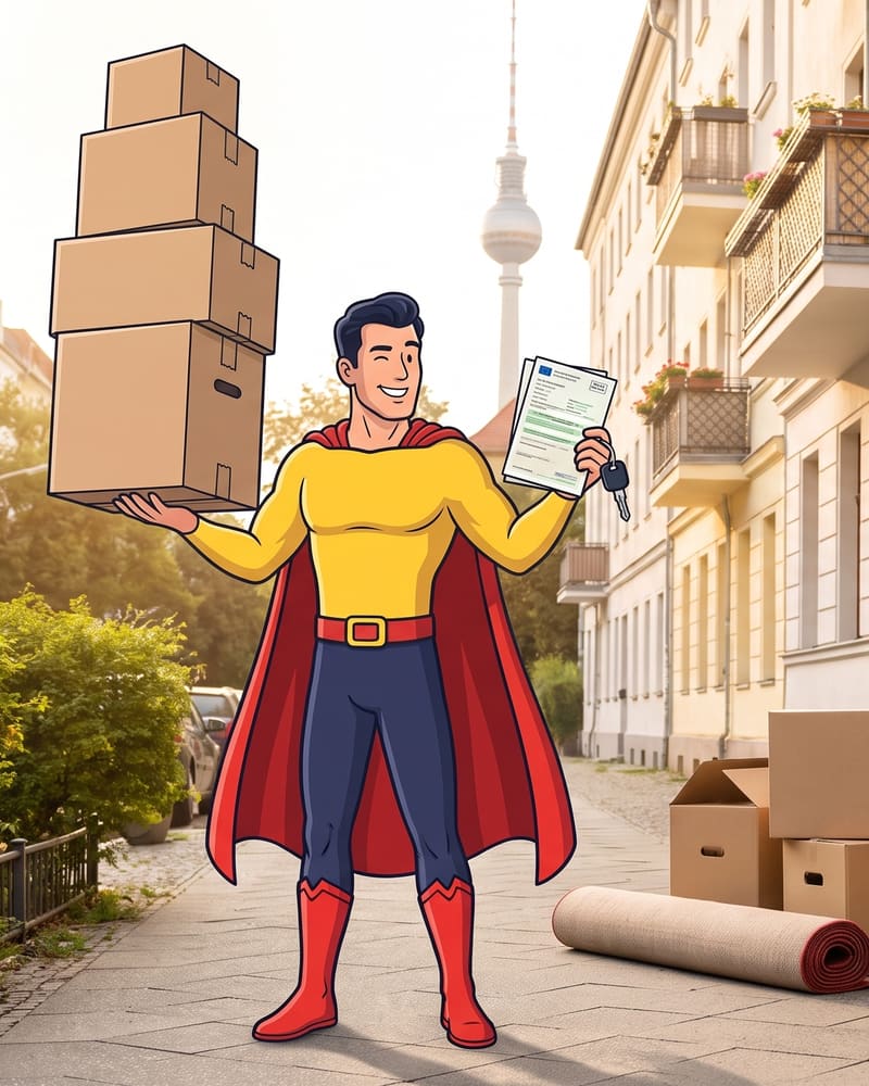 Comicfigur Zulassungsheld trägt Umzugskartons und hält den Fahrzeugschein für die neue Adresse vor einem Berliner Altbau